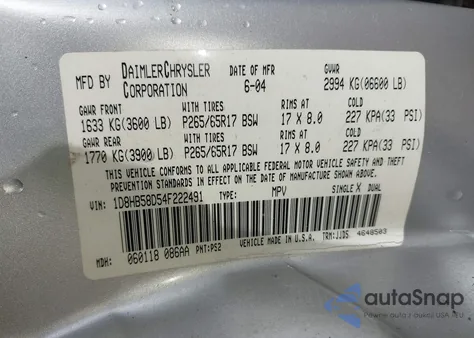 2004 Dodge Durango Limited z USA, uszkodzony, nr VIN 1D8HB58D54F222491